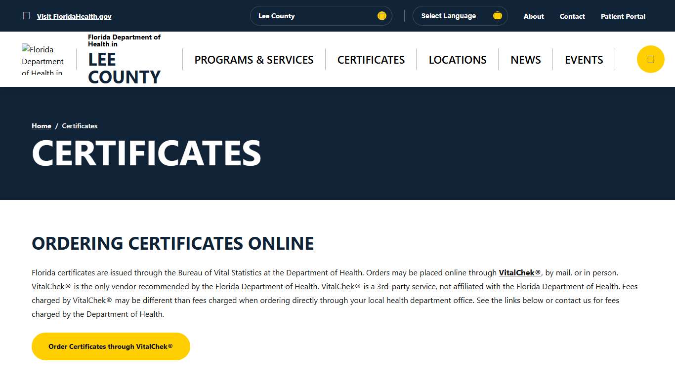 Certificates - Florida Department of Health in Lee County